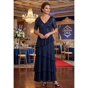 NWT Adrianna Papell Sequin Long Dress Women 10 Midnight Blue‎ Tiered Ruffle Gown
